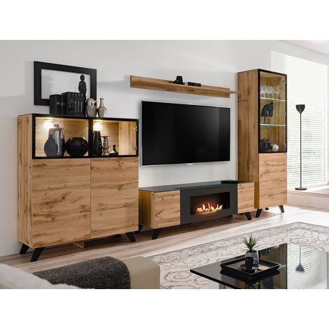 Ensemble meuble TV mural Thin avec cheminée bioéthanol et vitrine LED - Bois MDF noir et chêne Wotan - 340 x 197 x 45 cm - Livraison gratuite