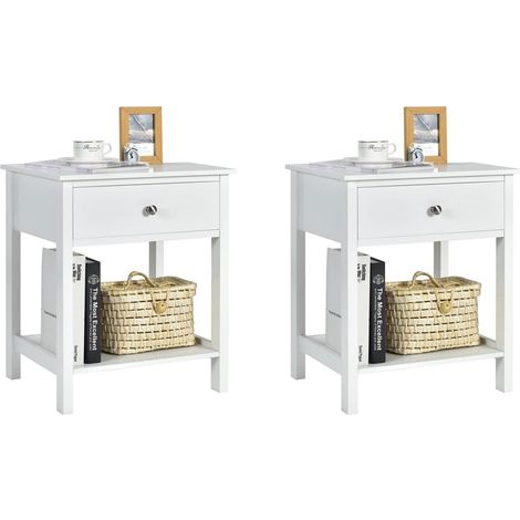 COSTWAY Comodino con Cassetto, Tavolino in Legno con 2 Livelli, Cassettiera da Letto Multifunzionale per Salone Camera da Letto Corridoio, 48 x 40 x 58 cm (Bianco, 2 Pezzi) (1/5)