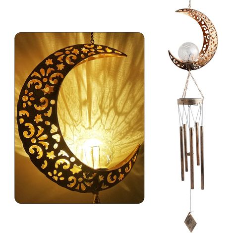 Carillon éolien solaire lune verre craquelé LED doux, décoration jardin extérieur, cadeau sentimental fête des mères et remerciement (1/5)