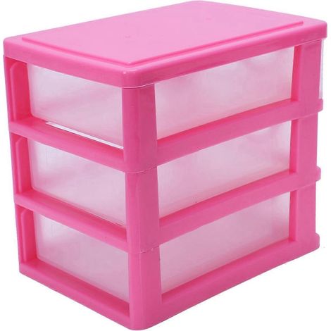 Mini boîte de rangement en plastique translucide de type tiroir (rose rouge, 3 compartiments) (1/5)