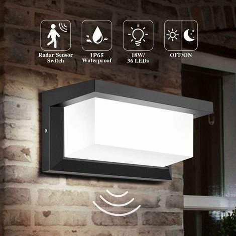 Aplique LED de pared para exteriores con sensor de movimiento, 18 W, resistente al agua IP65, cuadrado, con control por inducción de radar, para patio, balcón, garaje o taller (blanco frío). (1/5)