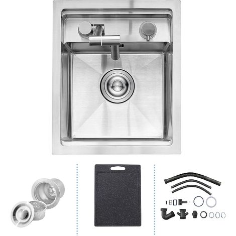 35 x 45 cm Évier de Bar de Cuisine Dissimulé avec Robinet Pliable, Évier de Cuisine, en Acier Inoxydable 304, Encastrable Simple Vasque de Bar et Planche à Découper, pour Petite Restaurant, Brossé (1/5)