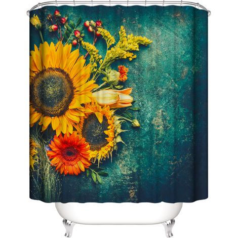 Sonnenblumen-Duschvorhang 180 x 200 cm (Grün), Sonnenblumen-Duschvorhang