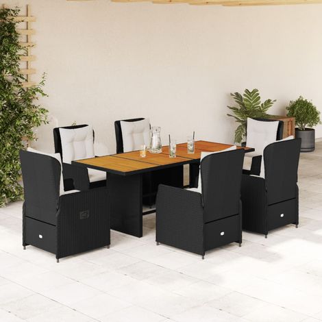 Ensemble repas jardin 7 pièces, 6 fauteuils inclinables noir en résine tressée avec coussins - PANGIVO (1/5)
