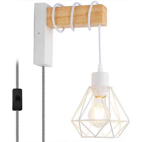 Barcelona Led – Applique murale cage en bois et métal – Câble flexible 150 cm – Douille E27 pour ampoule LED – Style nordique et vintage – IP20
