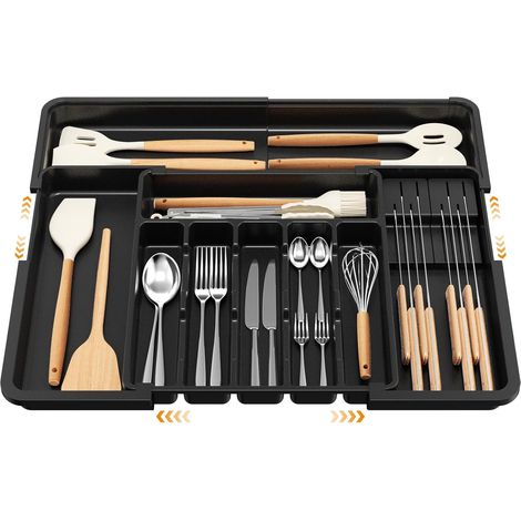 Range-couverts extensible à 9 compartiments, 2 porte-couteaux amovibles, organiseur compact en plastique pour couverts de cuisine (noir) (1/5)