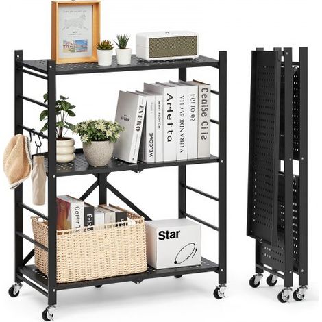 3 Etagen, Klappbare Regale mit Rädern, 33x71x91 cm, Faltbares Schwerlastregal, montagefreies Standregal, Haushaltsregal, Küchenregal, Metallregal für Garage, Küche, Keller, schwarz (1/5)