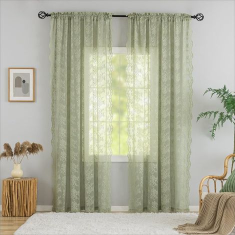 Lot de 2 Rideaux de fenêtre en Voile Transparent en Dentelle Florale Vintage pour Chambre à Coucher, Salon, Cuisine, Couloir, Printemps et été, Vert Sauge de 213,4 cm de Long (1/5)