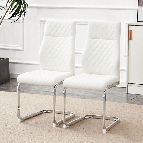 Lot de 2 chaises de salle à manger, chaises de pour salon et restaurant, simili cuir PU avec dossier haut rembourré de, Blanc et Argent (1/5)