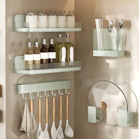 Porte-ustensiles de cuisine mural multifonctionnel en ABS, avec égouttoir pour baguettes, cuillères et fourchettes, idéal pour le plan de travail (vert). (1/5)