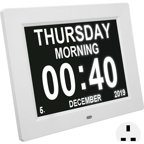 Horloge numérique calendrier jour 8 pouces avec 3 rappels de médicaments et 5 options d'alarme, prise UK 100‑240V. (1/5)