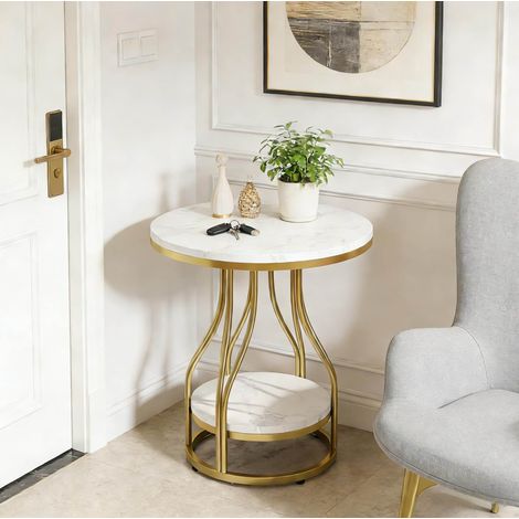 Table console ronde avec 2 niveaux, effet marbre, blanc et doré, 50x50x60 cm (1/5)
