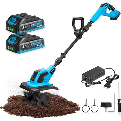 Motobineuse Électrique sans Fil 600W avec 2x2000mAh Batteries Largeur de Travail 23 cm, Profondeur 17 cm, 4x12 Dents, Cultivateur Électrique pour Pelouse/Jardin/Travaux du Sol (1/5)