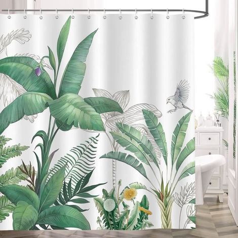Washable polyester shower curtain with green banana leaf pattern, hooks included. For the bathroom.