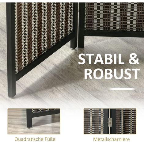 Paravent pliable en bois de pin et bambou, 180x180 cm, teinte marron et noire. (1/4)