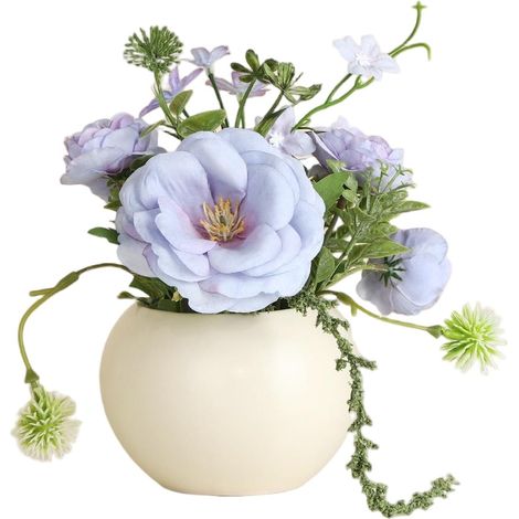 Bouquet de fleurs artificielles, fleurs en plastique longue durée, pot en céramique décoratif + fleur Yutang violette (1/2)