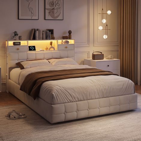 Lit double 140x200 cm - Tissu velours - Lit coffre - Rangement de chevet - Éclairage LED - Port USB - Sommier à lattes (1/5)