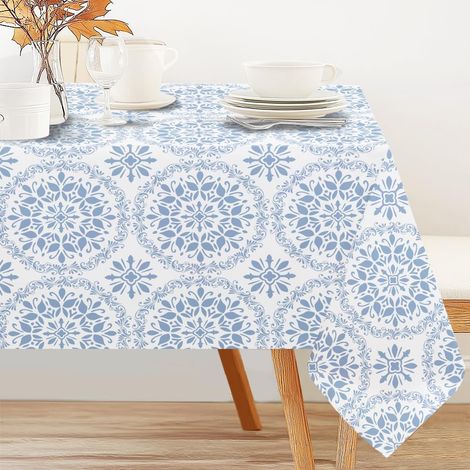 Nappe rectangulaire en polyester à motif floral bleu, 152,4 x 228,6 cm, imperméable, infroissable, lavable, pour la maison, la cuisine, le barbecue, le pique-nique, le dîner, bleu (1/5)