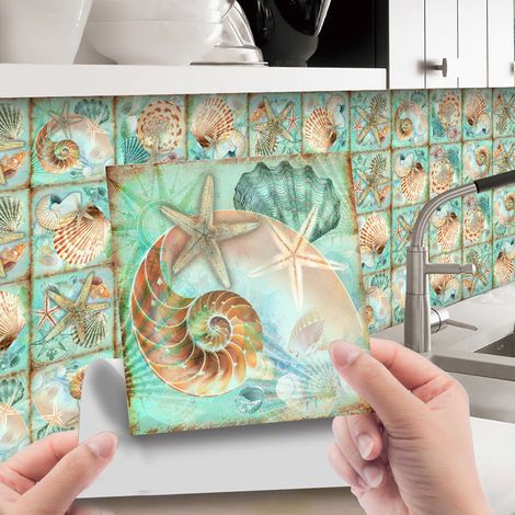 24pcs carreaux autocollants étoile de mer 15x15cm, cuisine salle de bain bibliothèque autocollante, papier autocollant pvc, autocollants muraux vintage imperméables amovibles