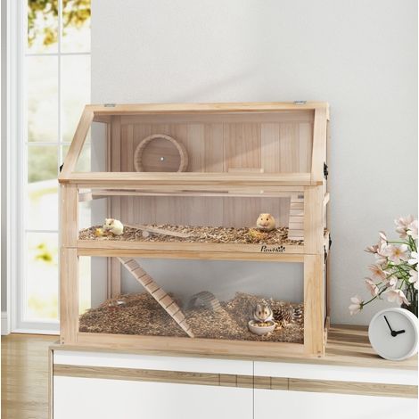 Cage à hamster en bois 80x50x76 cm naturel avec roue, pour petit espace, stable – MEUBLIV (1/5)