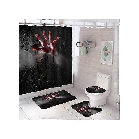 Halloween-Duschvorhang-Set mit blutigen Händen, generisches Halloween-Badezimmer-Deko-Set 180 x 180 cm – Duschvorhang mit Matte, WC-Deckelbezug, Badewannen-Set