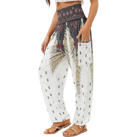 Pantalon Sarouel Femme - Taille Haute Élastique - Style Bohème Avec Poches - Pour Yoga Et Loisirs - 1 Pièce (1/5)