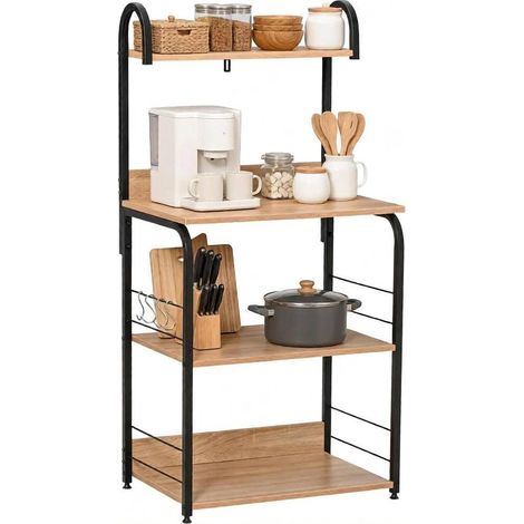 Scaffale da cucina nero effetto legno naturale con ganci, 4 livelli, 60 x 40 x 125 cm (1/5)