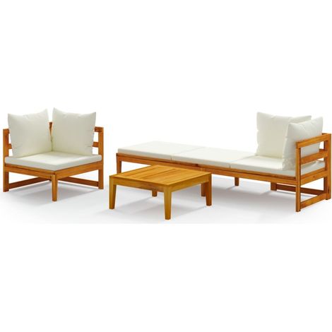 Salon de jardin 3 pcs avec coussins blanc crème Bois d'acacia 2 (1/5)