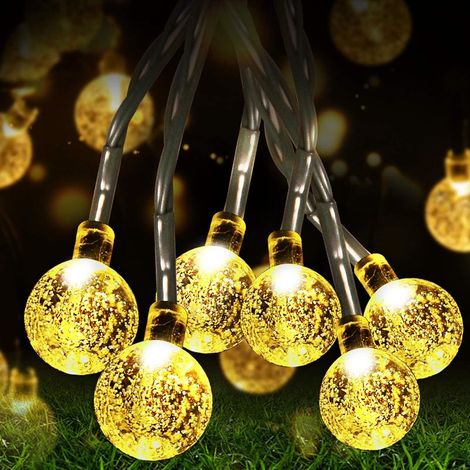 Guirnalda de luces solares, 60 LED, 11 m, 8 modos, resistente al agua, diseño de bola de cristal para festivales, jardines, patios, árboles, bodas, cumpleaños, uso interior y exterior, luz blanca cáli (1/5)