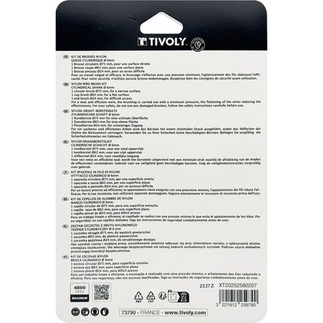 Tivoly • 3 Spazzole: Circolare-Taglio-Spazzola • Filo di Nylon • Ø75mm / Ø65mm / Ø24mm • Coda Cilindrica Ø6mm • Grana: 80 • Per Pulizia Legno
