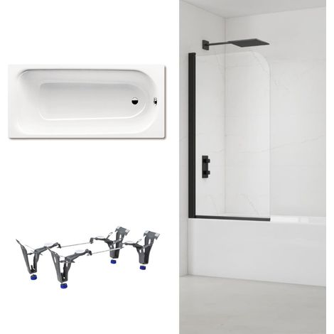 Kaldewei – Baignoire droite 170x75 cm KW3731SETP5 – Acier émaillé blanc – Pare baignoire pivotant noir – Pieds réglables inclus