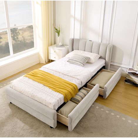 Bett Chenille Beige 90x200 cm mit 2 seitlichen Schubladen und USB-/Typ-C-Anschluss (1/5)
