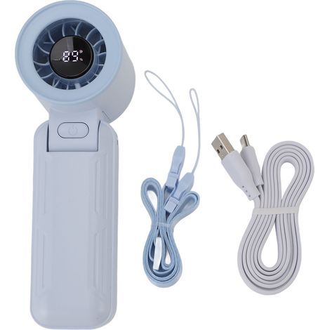 Silent portable turbo fan, 5 speeds, 3000 mAh battery operated, handheld, 135-degree foldable digital display, for travel, home, office, blue (1/5)