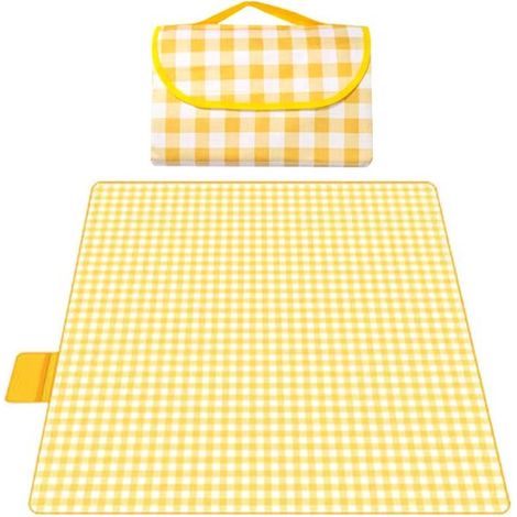 Couverture de pique-nique imperméable 59 x 79 pouces, tapis de camping pliable avec poignée, résistant au sable, pour plage, parc et camping, jaune (1/5)