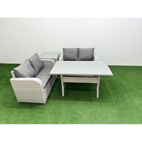 Fimous 4 Seater Outdoor Love Sofa Set Rattan Garden Furniture Set with Rectangular Dining Table Side Table Light Grey (1/4)