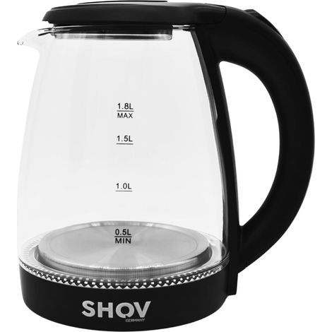 SHOV Bouilloire en verre - 1,8 l - 1 500 W - Base à 360° - Rapport qualité-prix gagnant - Protection contre la cuisson à sec - Noir (1/5)