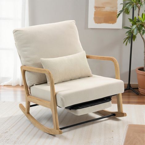 Silla Mecedora Nórdica con Reposapiés Respaldo Ajustable Mecedora de Pana Patas de Madera y Reposabrazos Cojín Crema (1/5)