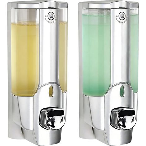 2 distributeurs de savon liquide muraux , rechargeables , distributeur de gel douche mural de 350 ml , pour gel douche et lotion (chromé) (1/5)