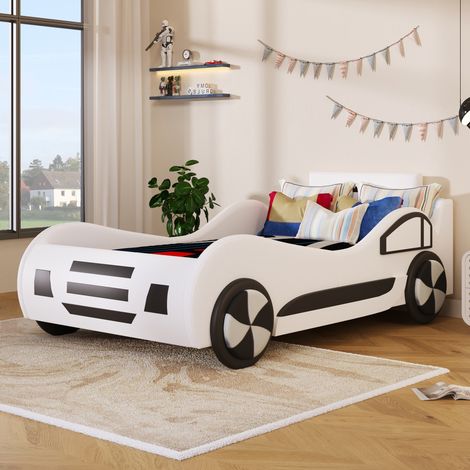 Lit plat 90 x 200 cm, avec sommier sans matelas, lit voiture, lit enfant, avec rangement hydraulique, blanc (1/5)