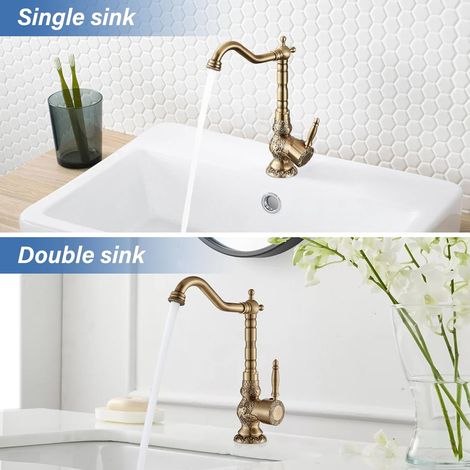 Robinet évier sculpté rétro – Cuivre antique à levier, bec pivotant – Style familial moderne pour cuisine (1/5)