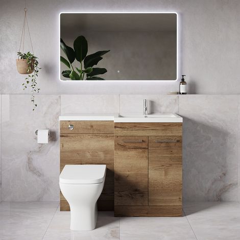 Napoli 390 Tobacco Oak 1100mm 2 Door Vanity Unit Toilet Suite with Square Right Hand Lucia Basin - 1100mm - Chrome 160mm HandleWith Kingston Toilet Pan and Seat