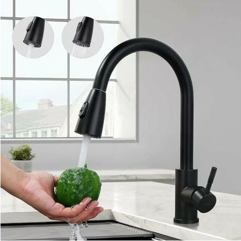 Black kitchen tap, sink mixer with pull-out spray in stainless steel, kitchen mixer with 2 jet modes, high and 360° rotating spout, anti-corrosion
