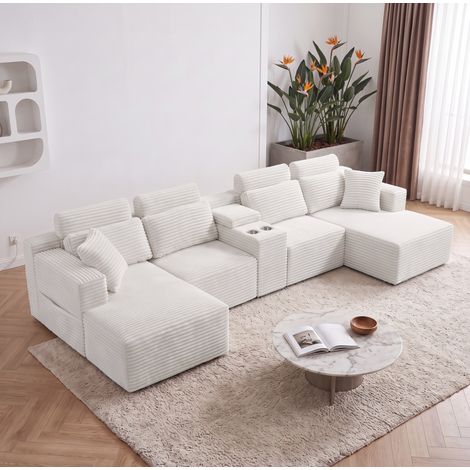 Canapé modulable en U en velours côtelé blanc cassé, assise profonde, porte-gobelets doubles intégrés, coussins de dossier amovibles et format ajustable pour le salon – CHICFURN (1/5)