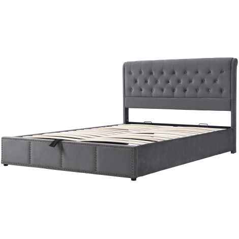 Lit coffre rembourré (mécanisme de relevage hydraulique) avec finition cloutée décorative  dimensions 160 x 200 cm  matelas non inclus  revêtement en velours  gris. (1/5)