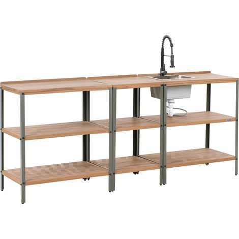 Cucina da esterno 3 elementi in legno di acacia massiccio marrone e nero con lavello in acciaio inox Ivrea
