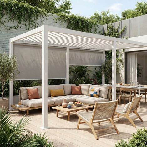 Pergola Bioclimatique blanc 300x600cm. aluminium à lames orientables + 2 stores 3m