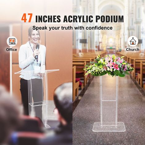 Estrade acrylique transparente 119 cm, lutrin présentoir sol avec grande tablette et étagère rangement, pour église bureau école (1/5)