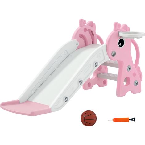3-in-1 Giraffenförmige Kinderrutsche mit Basketballkorb, Klettergerüst und Ball, 106 x 51,5 x 52 cm, Rosa