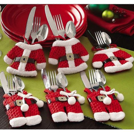 Pochettes pour couverts de Noël en costume de Père Noël, rouge, lot de 6 (1/5)