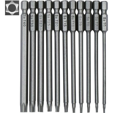 Jeu de 11 embouts longs Torx pour tournevis et visseuse électrique - Embouts magnétiques - Tige hexagonale de 1/4" - Tailles T6 à T40 - Longueur 100 mm (1/5)